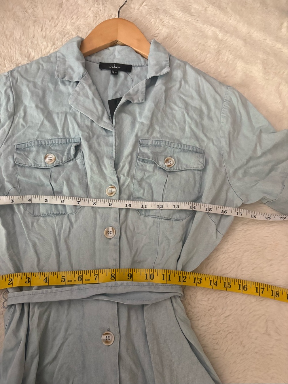 Lulus Pleasant Cutie Blue Chambray Collared Midi Dress With Pockets Size Medium - Picture 6 of 9